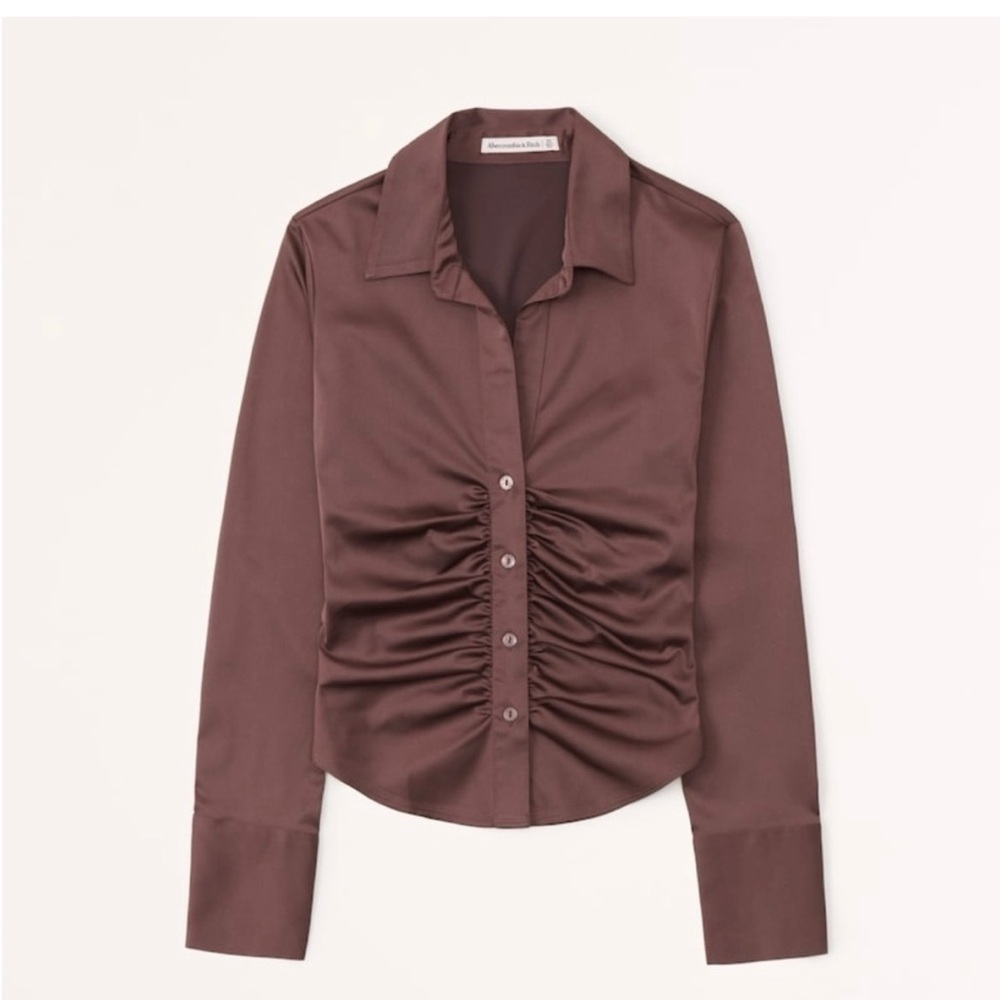 Abercrombie & Fitch Chocolate Brown Ruched Satin Button-Up Women's Top XL NWT